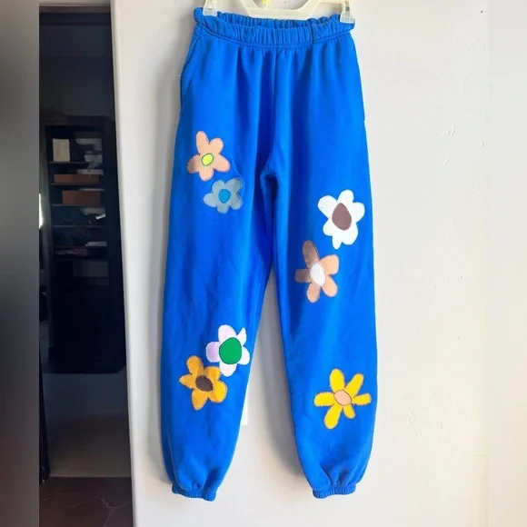 Y2K Patchwork Floral Sweatpants Blue Cozy Fleece Joggers Cottagecore Streetwear - Picture 1 of 3